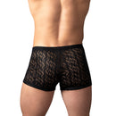 Male Power Ripple Pouch Short Black L showcased from behind, featuring soft wavy lace fabric in a stylish low-rise design.