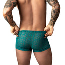 Male Power Ripple Pouch Short Teal XL on model showing back with bold texture and lace fabric.