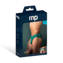 Male Power Ripple Moon Jock Teal S/M packaging featuring a model showcasing the stylish design and vibrant color.