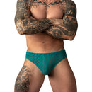 Male Power Ripple Moon Jock Teal S/M worn by a muscular man showcasing its bold design and supportive fit.