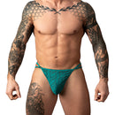Male Power Ripple Micro V String Teal L/XL showcased on a muscular model with tattoos, emphasizing modern underwear style.