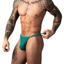 Male Power Ripple Micro V String Teal L/XL worn by a model showcasing its modern design and flattering cut.