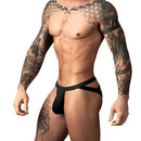 Male Power Eco Cozy Jock Black S/M modeled by a tattooed man, showcasing a stylish jock silhouette.
