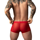 Male Power Mesh 2.0 Mini Short Red Large on a muscular man with tattoos, showcasing breathable mesh design.