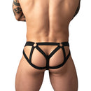 Male Power Mesh 2.0 Strappy Ring Jock Black L/XL on a model showcasing the bold strappy design and sheer mesh.