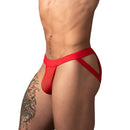 Male Power Mesh 2.0 Strappy Ring Jock Red L/XL showcased on a model, highlighting its bold design and supportive fit.