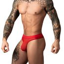 Male Power Mesh 2.0 Bong Thong Red L/XL on a muscular model showcasing its bold design and minimal coverage.