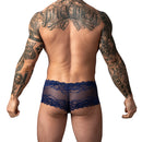 Male Power Sassy Lace Mini Short Sheer Pouch Navy M displayed on a masculine model showcasing intricate lace design.