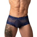 Male Power Sassy Lace Mini Short Sheer Pouch Navy L featuring delicate lace and a revealing sheer pouch design.