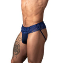 Male Power Sassy Lace Skirt Jock Navy S/M featuring a lace overlay and supportive jock pouch on a model.