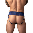 Male Power Sassy Lace Skirt Jock Navy S/M showcasing the lace skirt and jock pouch from the back.