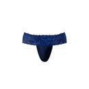 Male Power Sassy Lace Skirt Jock Navy S/M showcasing a navy lace skirt overlay with a contoured jock pouch.