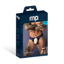 Male Power Sassy Lace Open Ring Thong Navy S/M packaging with model showcasing the thong design.