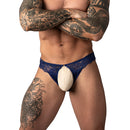 Male Power Sassy Lace Open Ring Thong Navy S/M on a model showcasing its lace design and bold style.