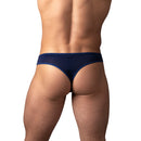Male Power Sassy Lace Open Ring Thong Navy S/M displayed from the back, highlighting its bold lace design.