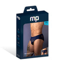Male Power Sassy Lace Bikini Solid Pouch Navy Small packaging showcasing a model in a navy lace bikini.