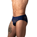 Male Power Sassy Lace Bikini Solid Pouch Navy Small on model showcasing delicate lace and solid front pouch.