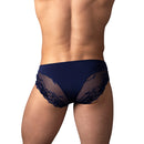Male Power Sassy Lace Bikini Solid Pouch Navy Small showcasing lace detailing and smooth front pouch from the back.