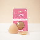 Uva Triangular Nipple Covers Caramel packaging and nipple covers shown on a light background.