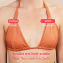 Uva Triangular Nipple Covers Caramel shown under a halter top, demonstrating before and after results for invisible coverage.