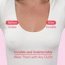 Uva Circular Nipple Covers Caramel shown before and after for invisible, undetectable coverage under any outfit.