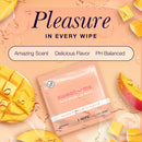 Sweetums Intimate Wipes Sweet Mint Flavor 10-pack packaging with tropical fruits in background.
