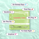 Sweetums Intimate Wipes Sweet Mint Flavor 10-pack packaging with usage suggestions on a water background.