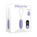 Evolved Energetic Egg Thrusting Vibrating Egg Purple packaging with remote for external and internal stimulation.