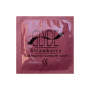 Glyde Ultrathin Latex Condom Strawberry Flavored 12-count packaging featuring a pink design and strawberry flavor.