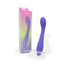Spectrum Essentials Silicone G-spot Vibrator Purple displayed with packaging in a clear stand.