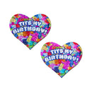 Pastease Tits My Birthday Heart Breast Pasties With Confetti featuring colorful confetti design and playful lettering.