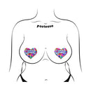 Pastease Tits My Birthday Heart Breast Pasties With Confetti showcased on a model's torso with vibrant confetti design.