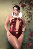 Fantasy Lingerie Play Vamped Vampire Teddy Costume XL/2XL on model with plunging neckline and dramatic collar.