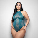 Fantasy Lingerie Kasmira Monowire Teddy 3XL/4XL in sheer layered lace with high halter neckline.