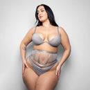 Fantasy Lingerie Elusive Mila 3 Piece Set XL/2XL on a model showcasing molded cup bra, waist cincher, and thong panty.