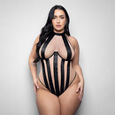 Fantasy Lingerie Elusive Verena High Neck Teddy 3XL/4XL showcasing sheer mesh with black stripes and a flattering silhouette.