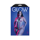 Fantasy Lingerie Glow Full Gauge Teddy Queen Size packaging showcasing a curvy model in a glowing sheer teddy.
