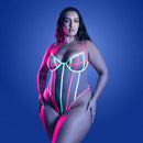 Fantasy Lingerie Glow Full Gauge Teddy Queen Size showcasing UV reactive elastic binding under blacklight.