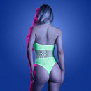 Glow U Already Know High Neck Teddy With Pasties seen from behind, showcasing the neon green and net design against a blue background.