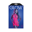 Fantasy Lingerie Glow Back It Up Fishnet Halter Dress packaging with model in pink fishnet design.