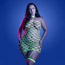 Fantasy Lingerie Glow Warning Sign Gartered Dress Queen worn by model with bold neon design on blue background.
