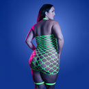 Fantasy Lingerie Glow Warning Sign Gartered Dress Queen shown from the back, showcasing its neon fence-net design.