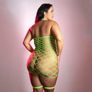 Fantasy Lingerie Glow Warning Sign Gartered Dress Queen displayed on a model from the back, showcasing its sexy design.