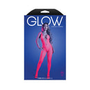 Fantasy Lingerie Glow Turn Up Bodystocking Back Cut-out displayed on packaging with model in vibrant pink design.