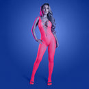 Fantasy Lingerie Glow Turn Up Bodystocking Back Cut-out on a model, showcasing a striking neon design and curve-hugging fit.