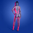 Fantasy Lingerie Glow Turn Up Bodystocking Back Cut-out showcasing a stunning back view in neon pink against a blue backdrop.