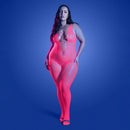 Fantasy Lingerie Glow Bodystocking Back Cut-out Queen Size in vibrant pink, showcasing a figure-hugging grid design.