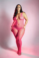 Fantasy Lingerie Glow Bodystocking Back Cut-out Queen Size model in pink, showcasing a stunning grid pattern and cut-out detail.