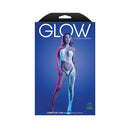 Fantasy Lingerie Glow Lights Get Low Bodystocking Set on packaging with model showcasing the glowing design.