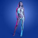 Fantasy Lingerie Glow Lights Get Low Bodystocking Set featuring a model in a floral knit, asymmetrical bodystocking.
